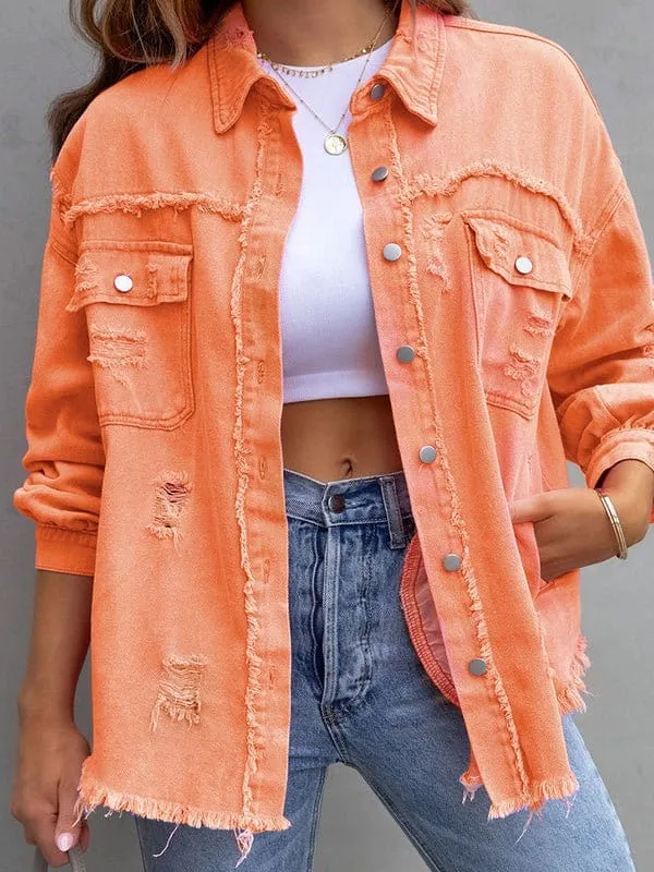 Button-Down Distressed Denim Jacket