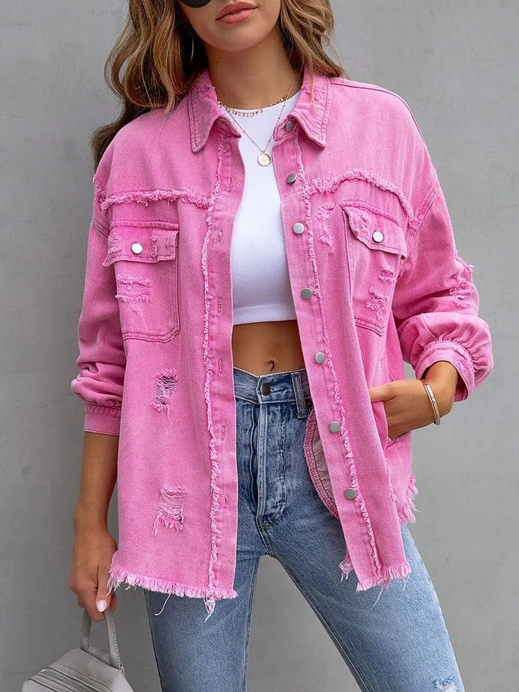 Button-Down Distressed Denim Jacket