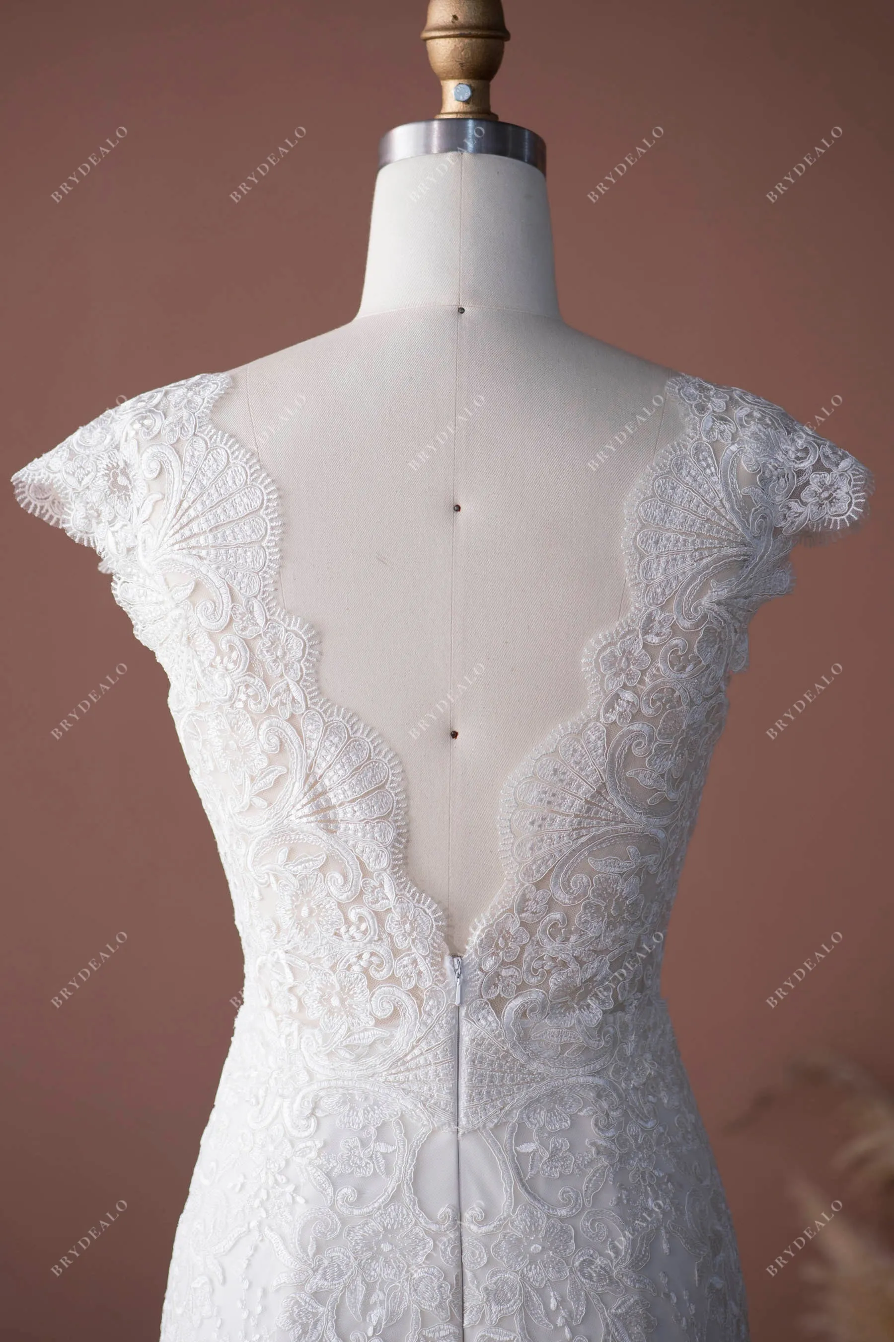 Cap Sleeve Scallop Lace Neck Slit Fit and Flare Wedding Dress