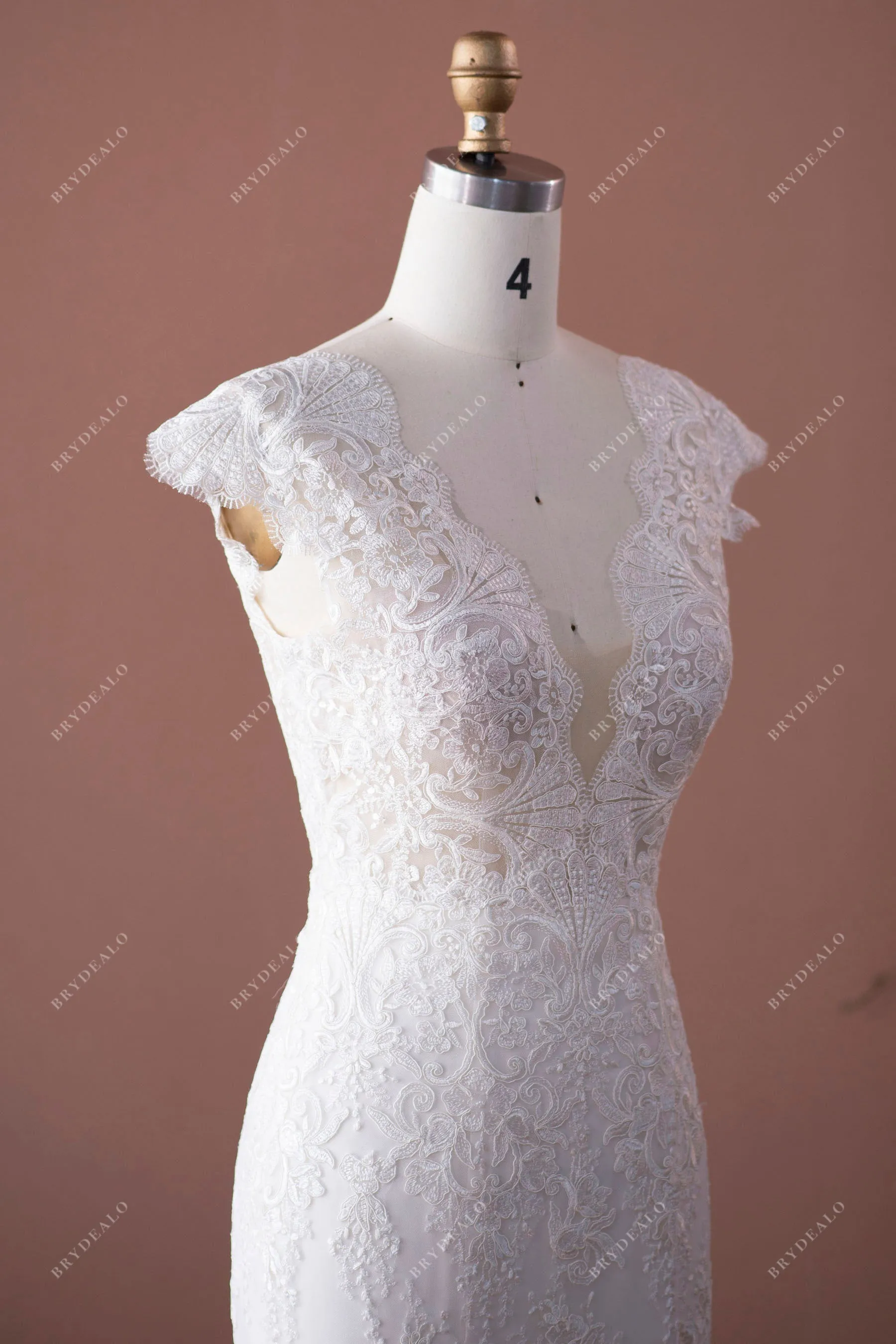 Cap Sleeve Scallop Lace Neck Slit Fit and Flare Wedding Dress