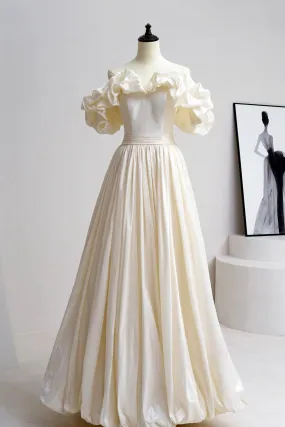 Champagne Satin Floor Length Prom Dress, Off the Shoulder A-Line Evening Party Dress