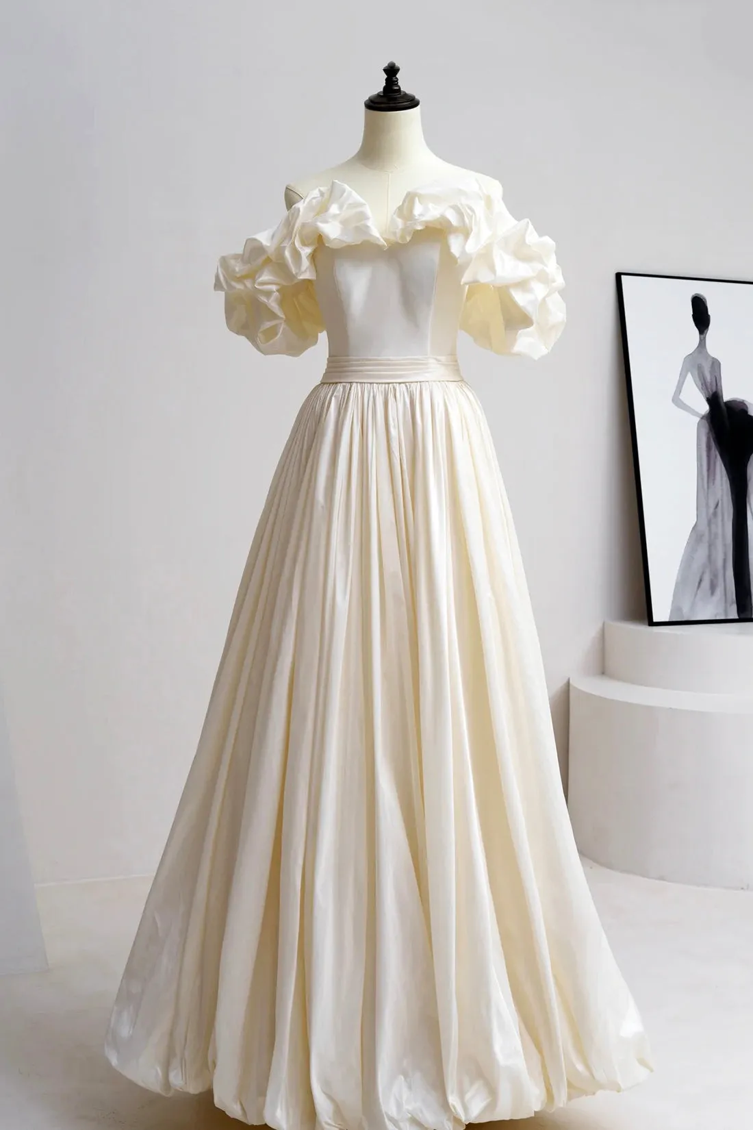 Champagne Satin Floor Length Prom Dress, Off the Shoulder A-Line Evening Party Dress