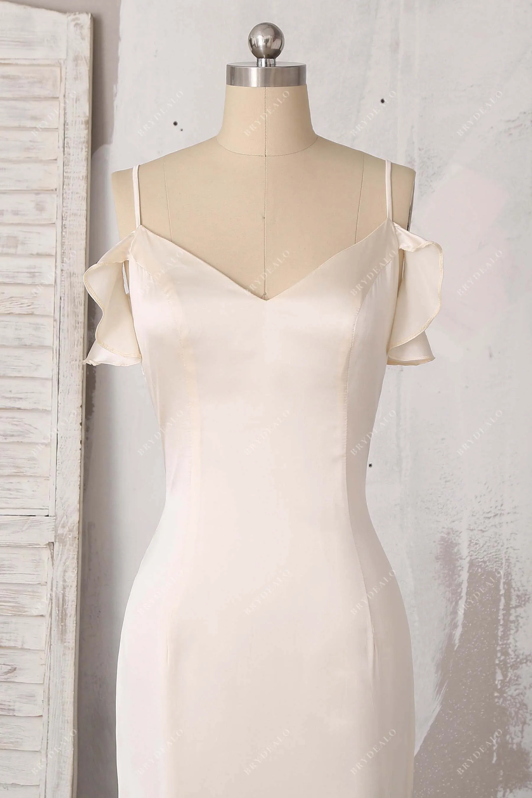 Champagne Silk Ruffled Cold Shoulder Bridal Evening Dress