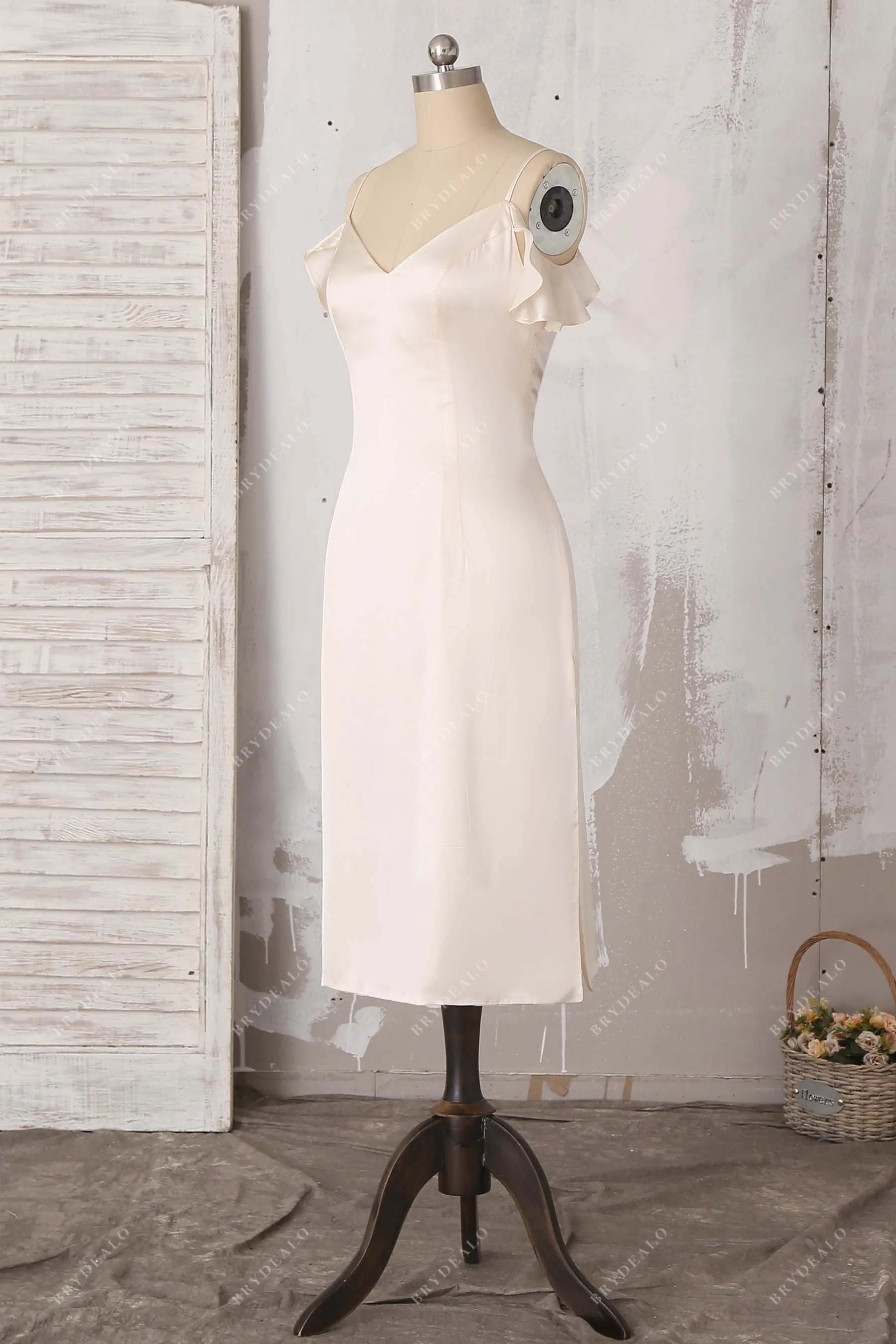 Champagne Silk Ruffled Cold Shoulder Bridal Evening Dress