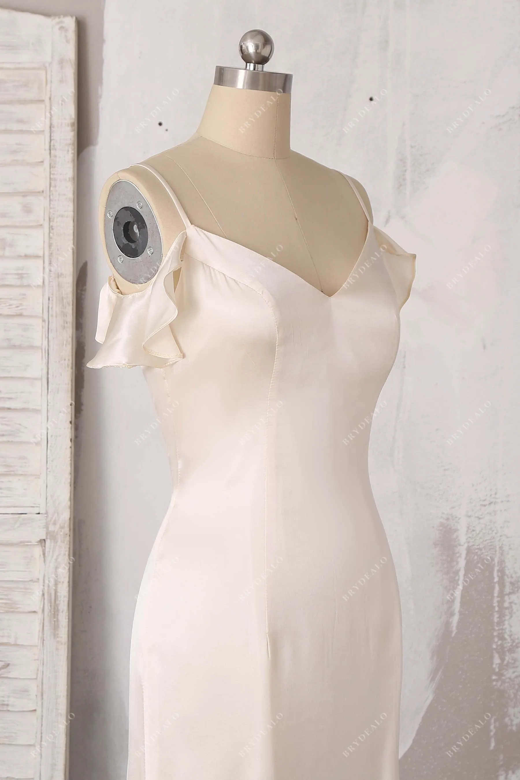 Champagne Silk Ruffled Cold Shoulder Bridal Evening Dress