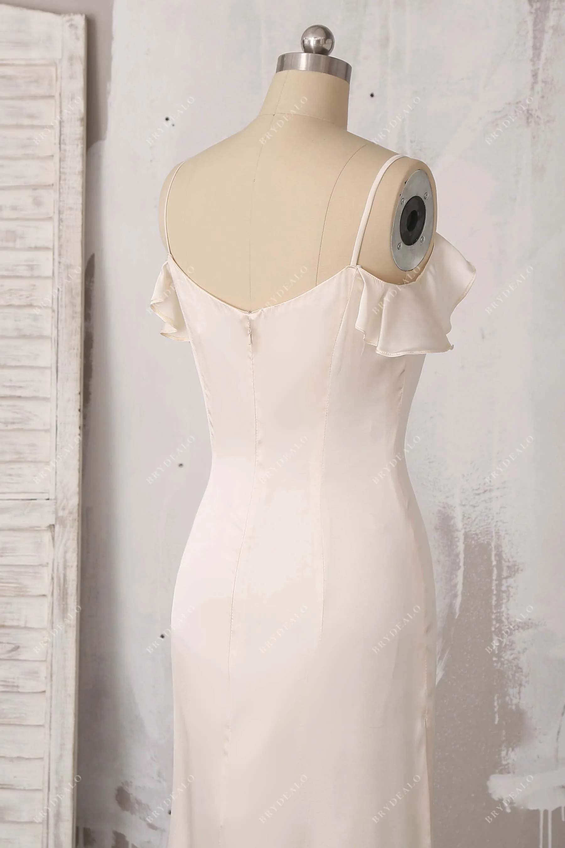 Champagne Silk Ruffled Cold Shoulder Bridal Evening Dress