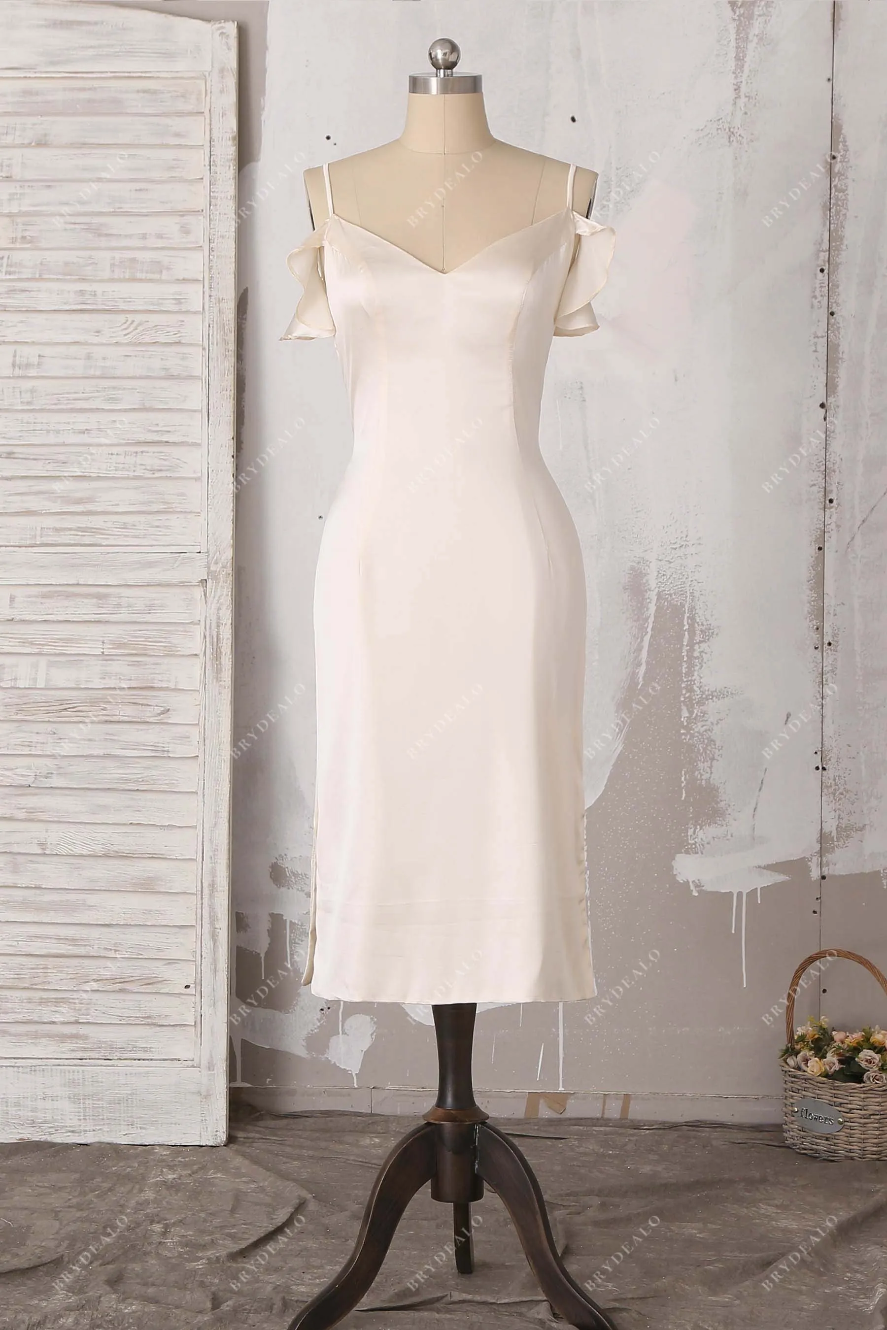 Champagne Silk Ruffled Cold Shoulder Bridal Evening Dress