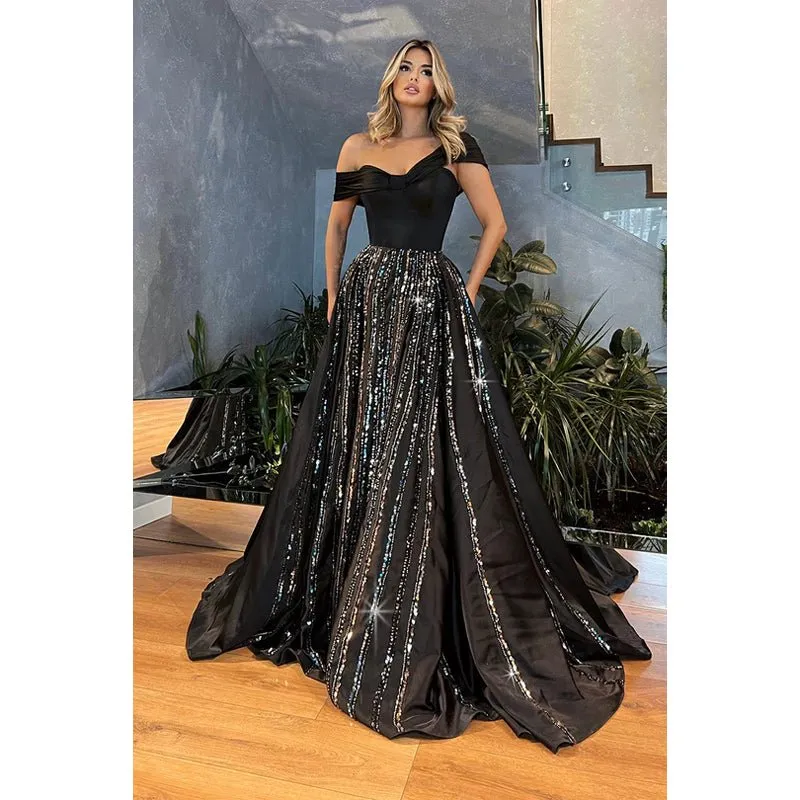 Charming Sparkly Long A-Line Off-Shoulder Cap Sleeves Formal Prom Dress