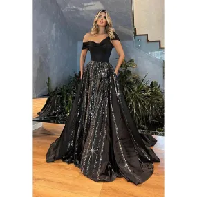 Charming Sparkly Long A-Line Off-Shoulder Cap Sleeves Formal Prom Dress