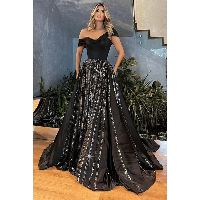 Charming Sparkly Long A-Line Off-Shoulder Cap Sleeves Formal Prom Dress
