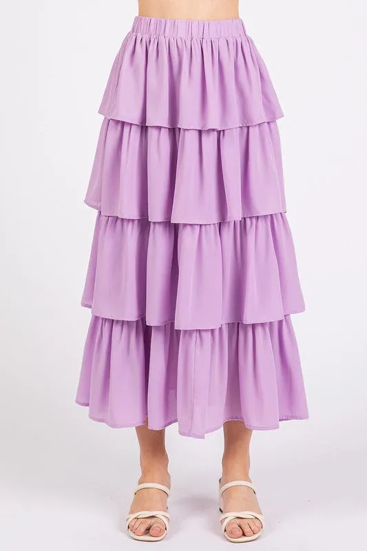 Chiffon Ruffle Layer Elastic Waist Midi Skirt