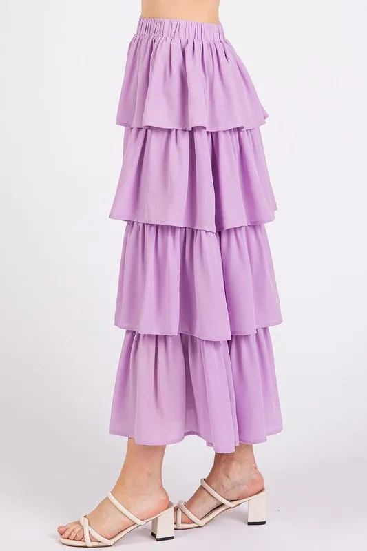 Chiffon Ruffle Layer Elastic Waist Midi Skirt