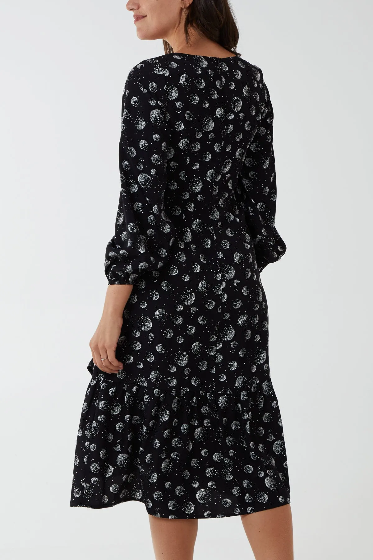 Circular Print Square Neck Ruffle Wrap Midi Dress