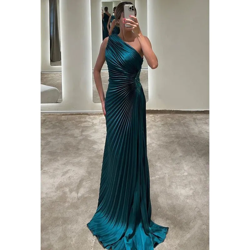 Classic Timeless One shoulder Sleeveless Ruched Formal Prom Dress