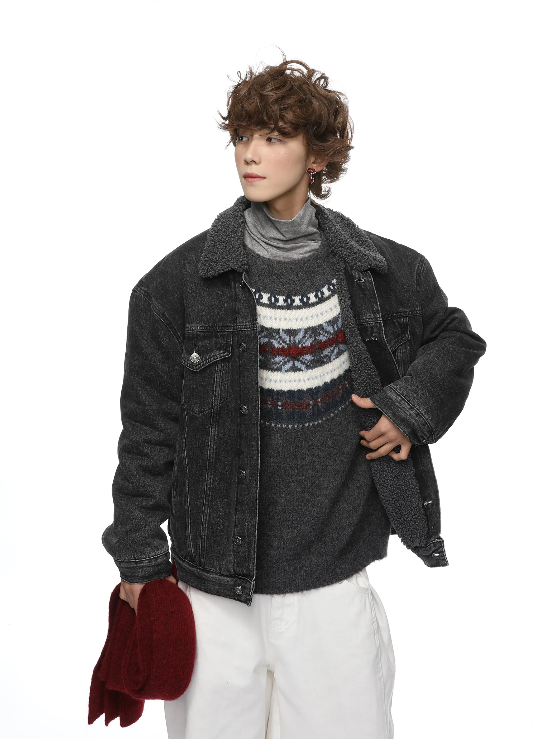Contrast Collar Sherpa Lined Button Denim Jacket