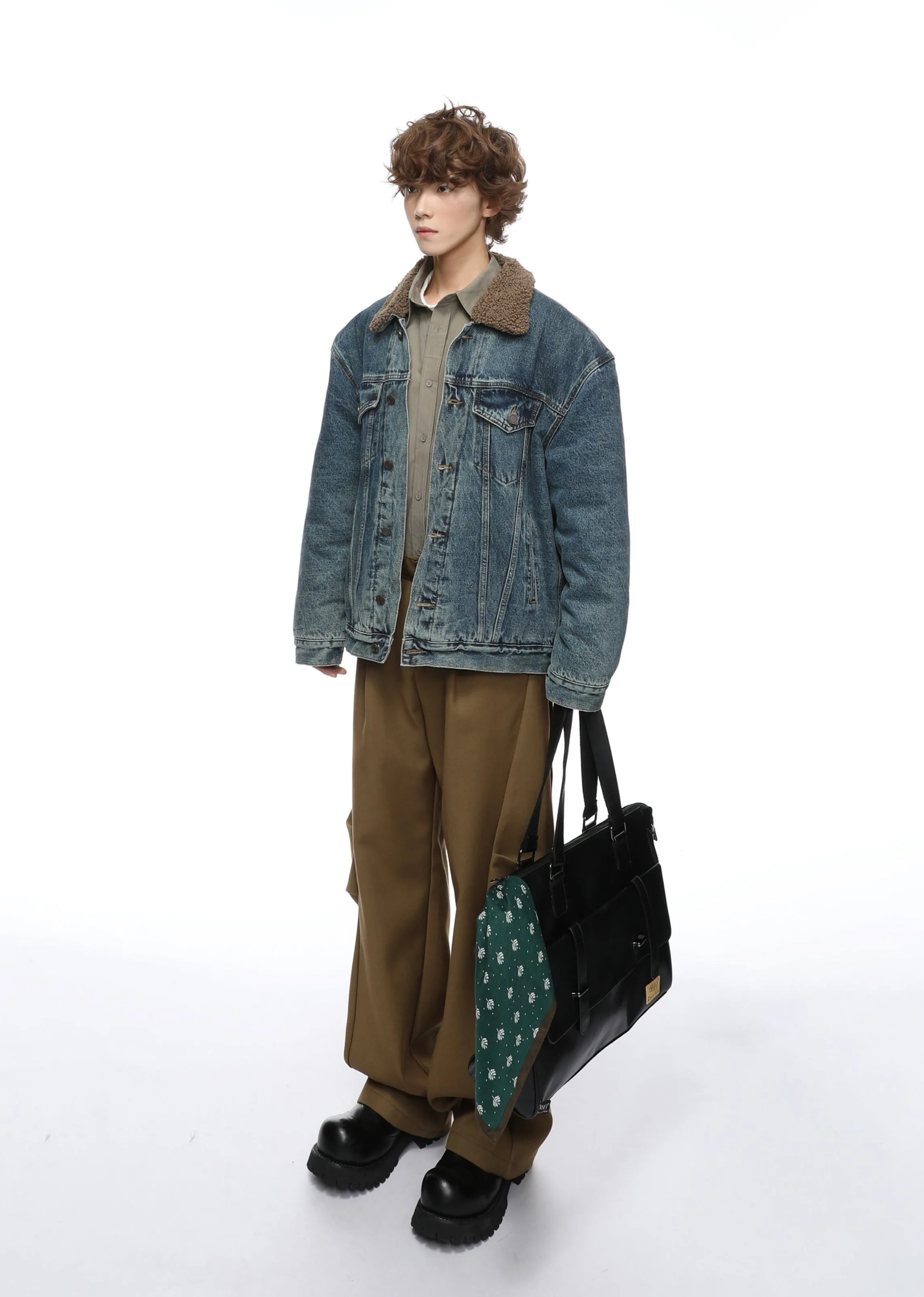 Contrast Collar Sherpa Lined Button Denim Jacket