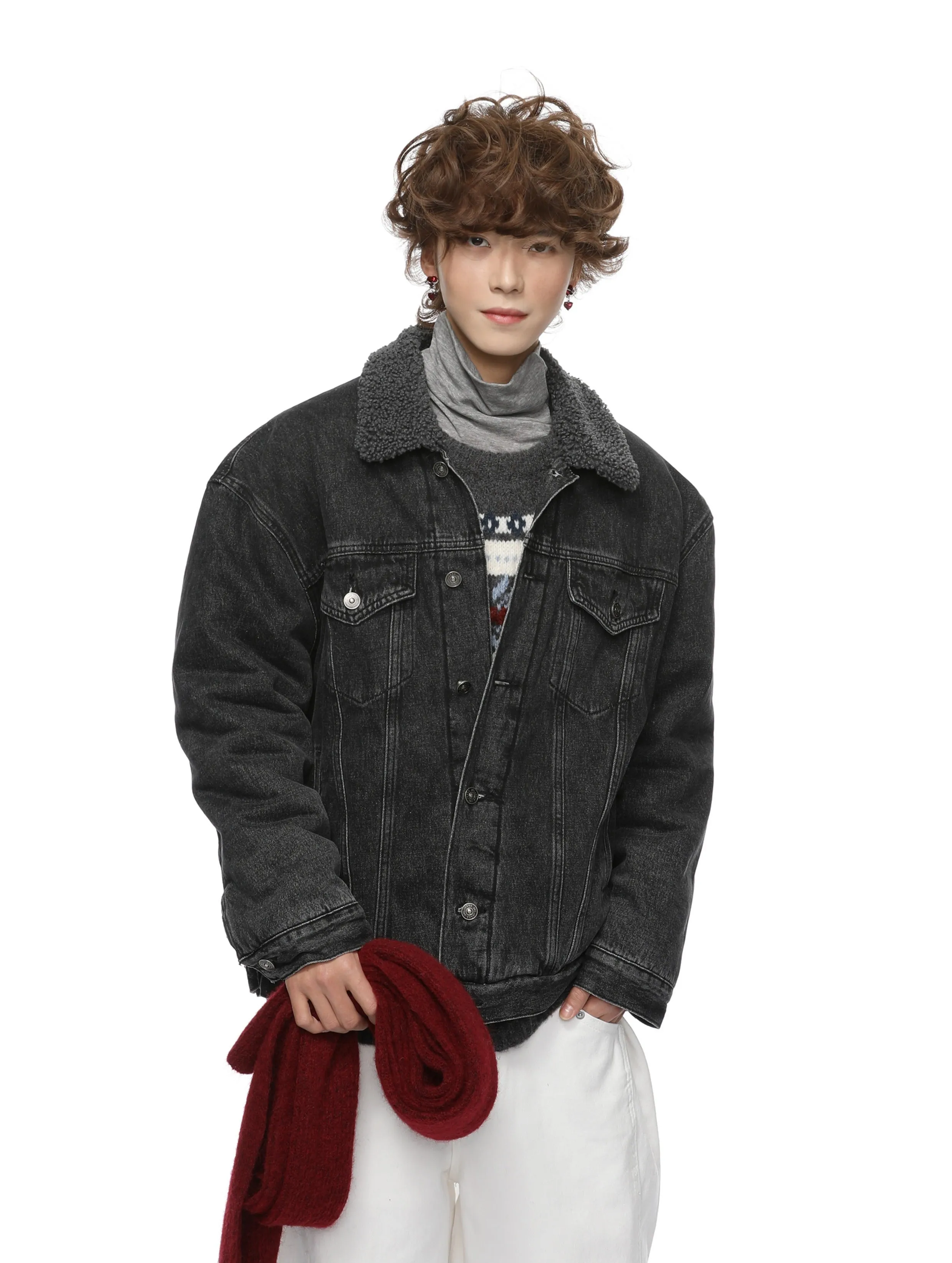 Contrast Collar Sherpa Lined Button Denim Jacket