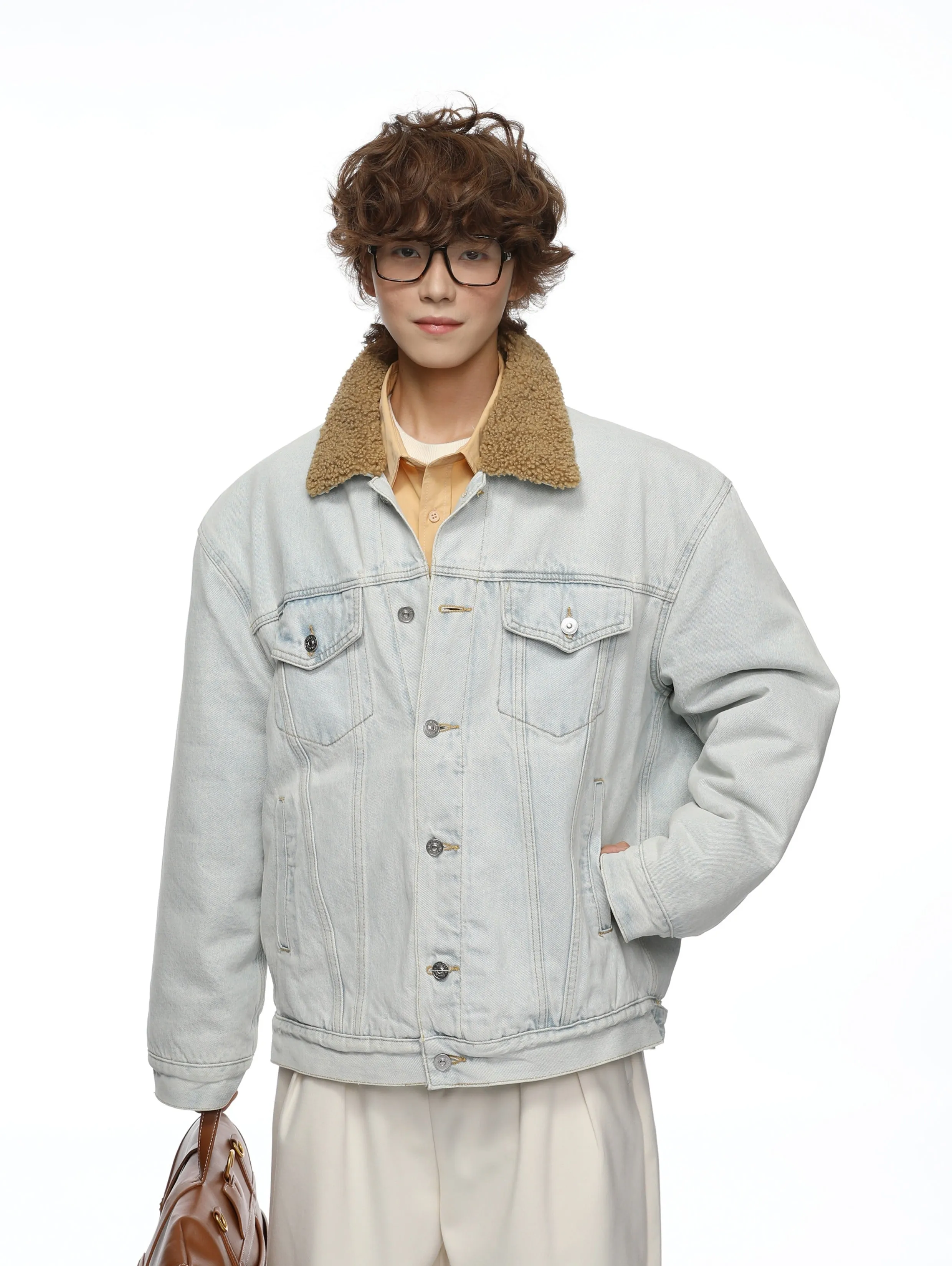 Contrast Collar Sherpa Lined Button Denim Jacket
