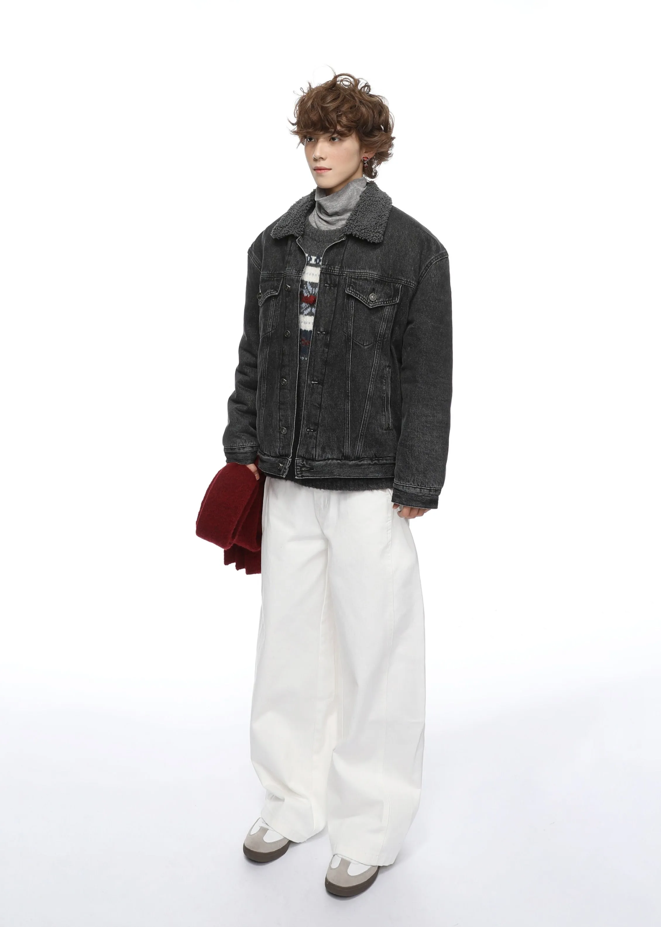 Contrast Collar Sherpa Lined Button Denim Jacket