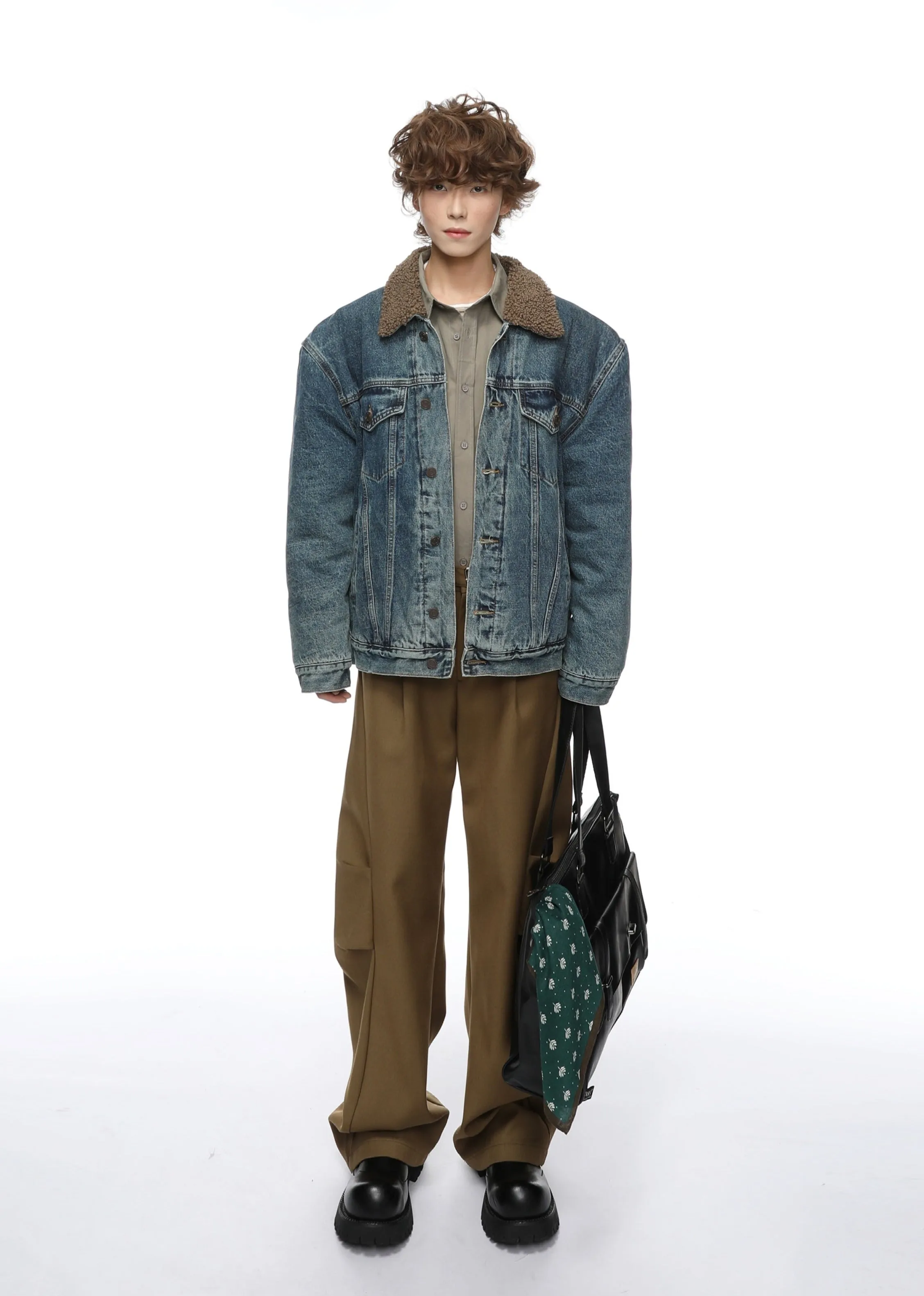 Contrast Collar Sherpa Lined Button Denim Jacket