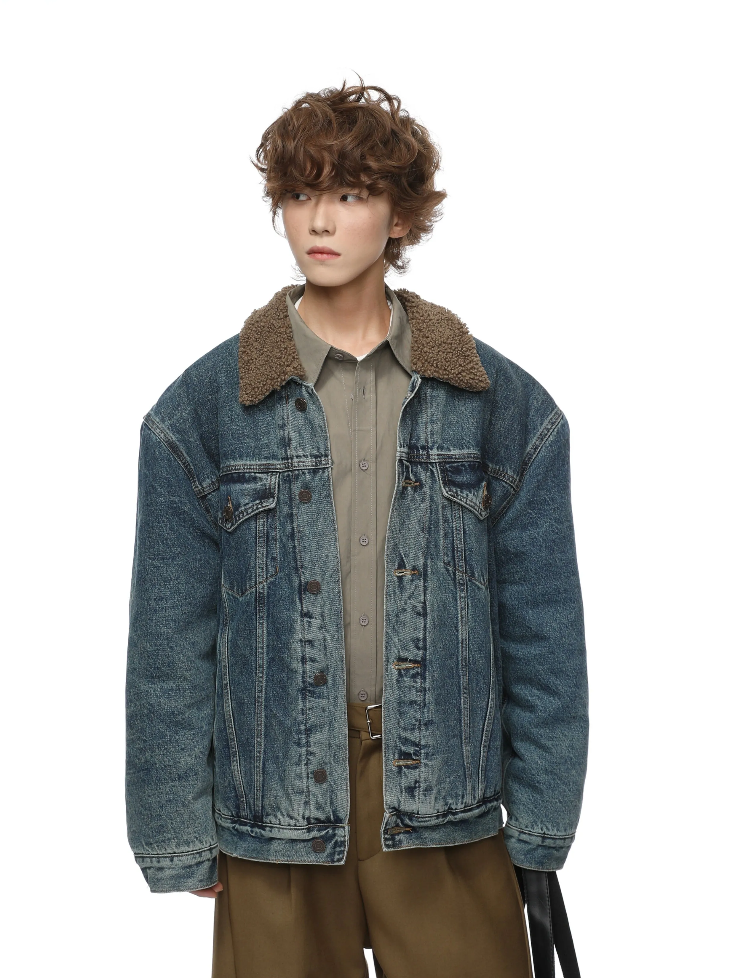 Contrast Collar Sherpa Lined Button Denim Jacket
