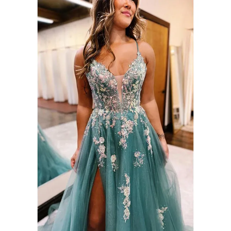 Couture & Ornate V-Neck A-line Tulle Criss-Cross Straps Tulle Party Prom Dress With Applique