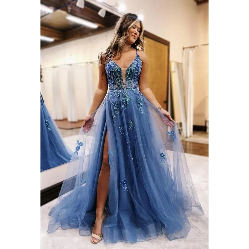 Couture & Ornate V-Neck A-line Tulle Criss-Cross Straps Tulle Party Prom Dress With Applique
