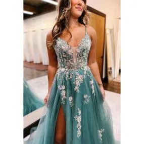 Couture & Ornate V-Neck A-line Tulle Criss-Cross Straps Tulle Party Prom Dress With Applique