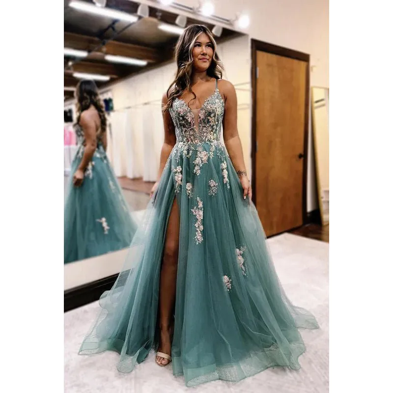 Couture & Ornate V-Neck A-line Tulle Criss-Cross Straps Tulle Party Prom Dress With Applique