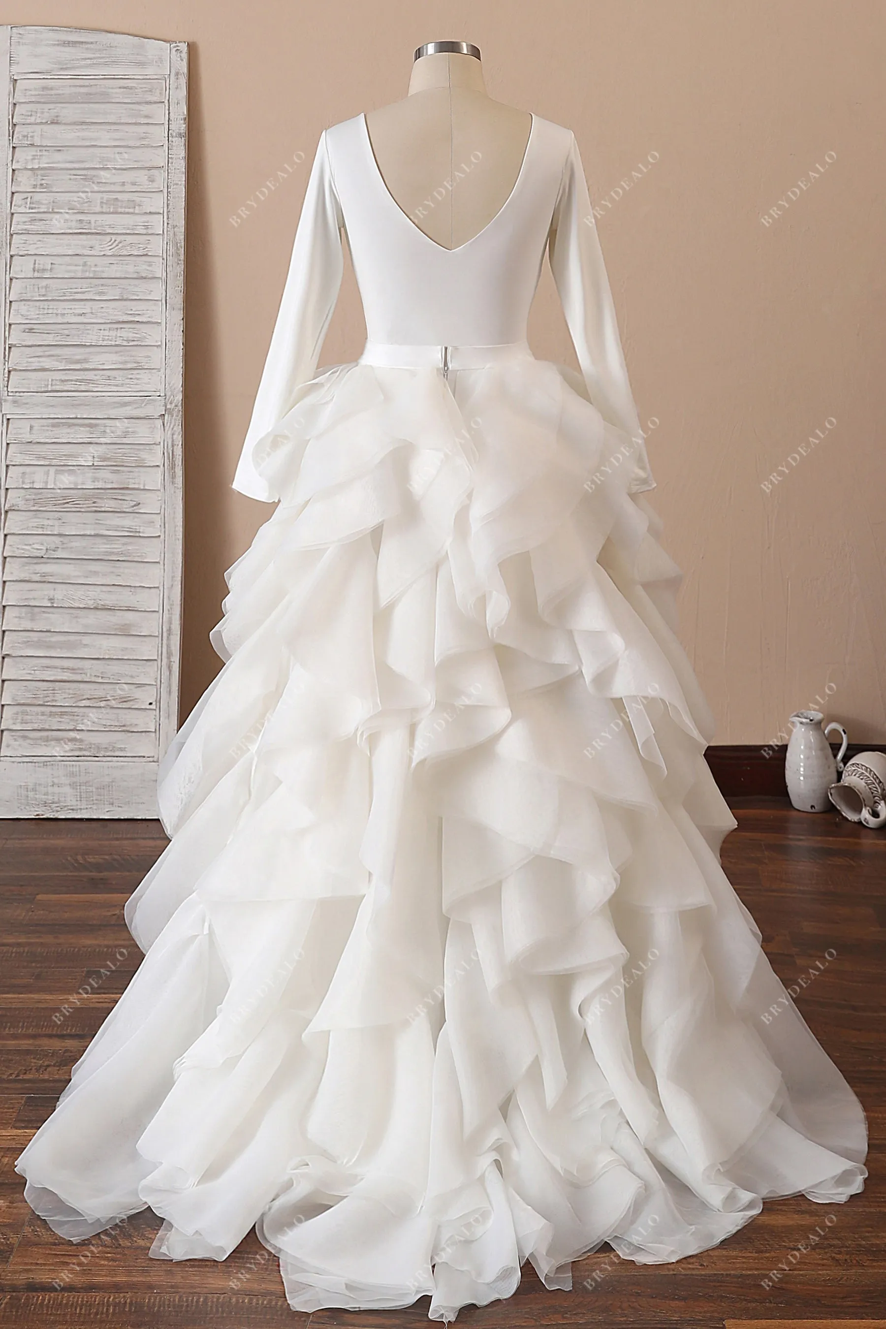 Crepe Long Sleeve Ruffled Organza Wedding Dress