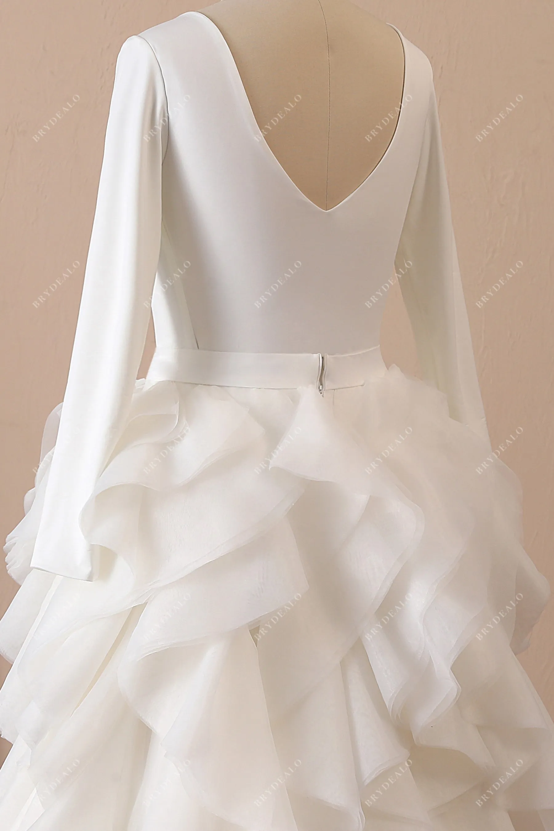 Crepe Long Sleeve Ruffled Organza Wedding Dress