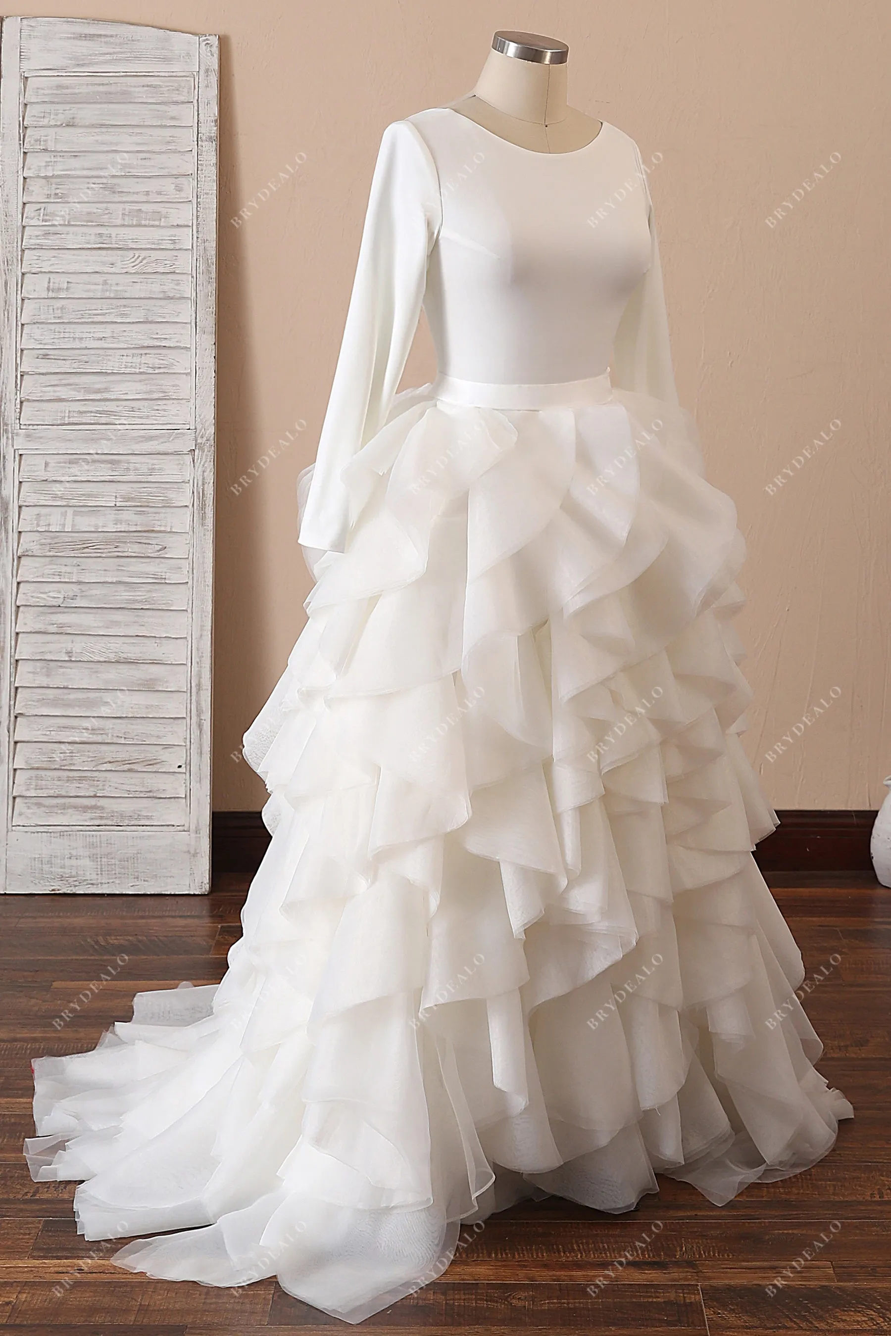 Crepe Long Sleeve Ruffled Organza Wedding Dress