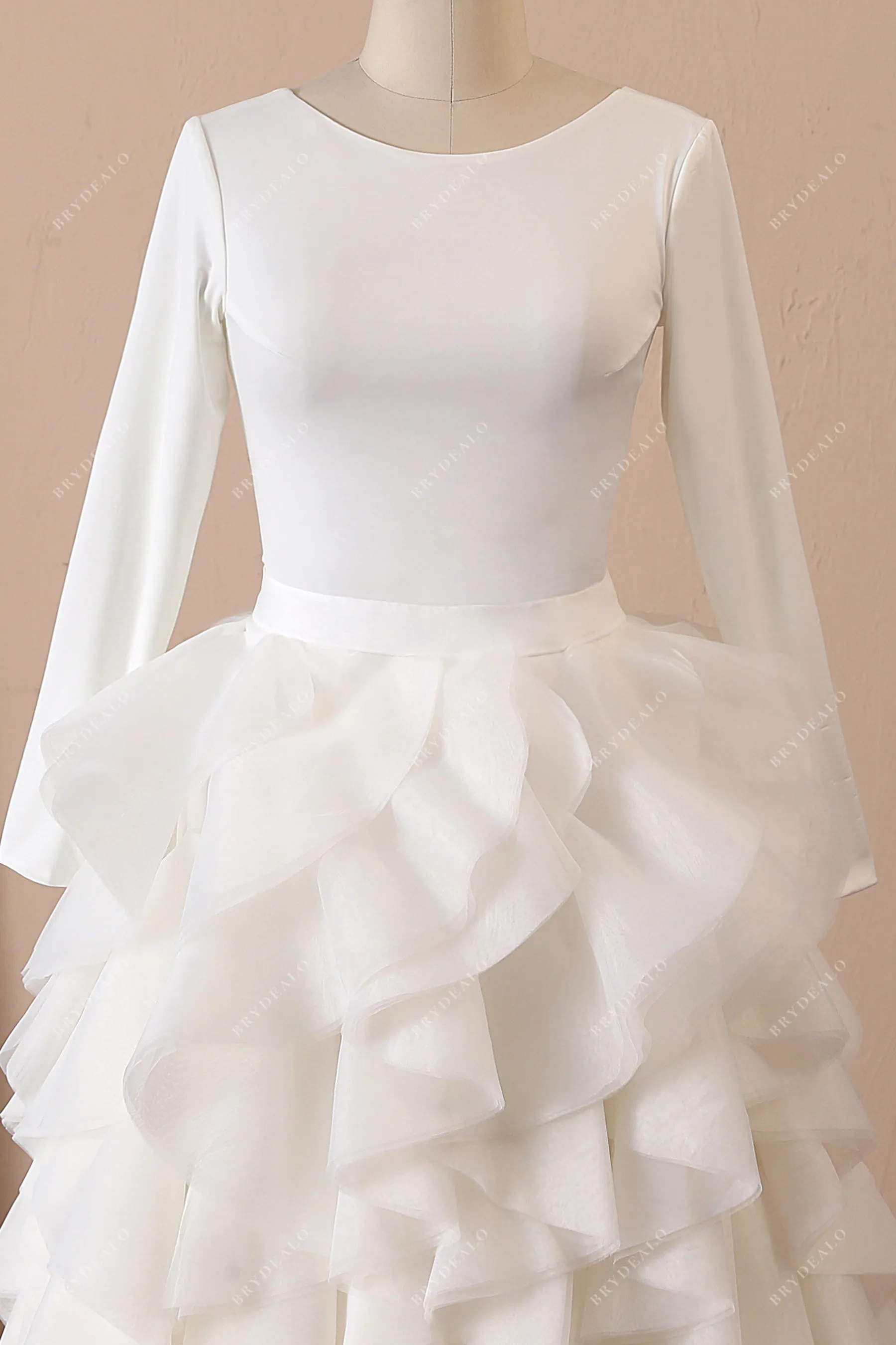 Crepe Long Sleeve Ruffled Organza Wedding Dress
