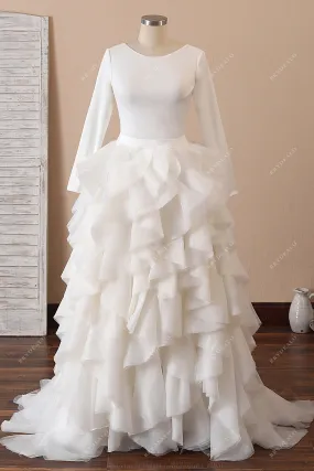 Crepe Long Sleeve Ruffled Organza Wedding Dress