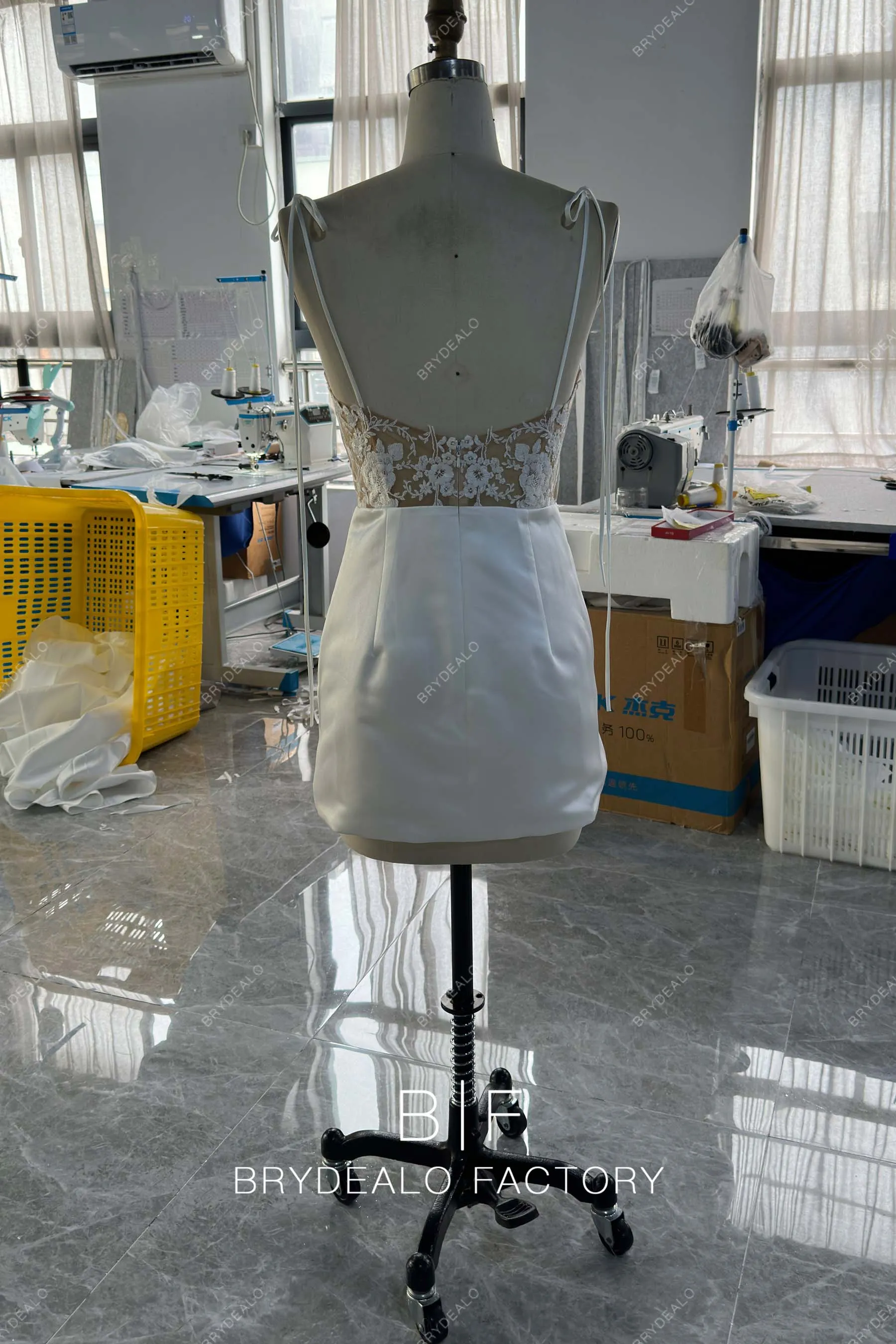 Custom Ivory Satin Spaghetti Straps Private Label Short Bridal Dress BR20231903