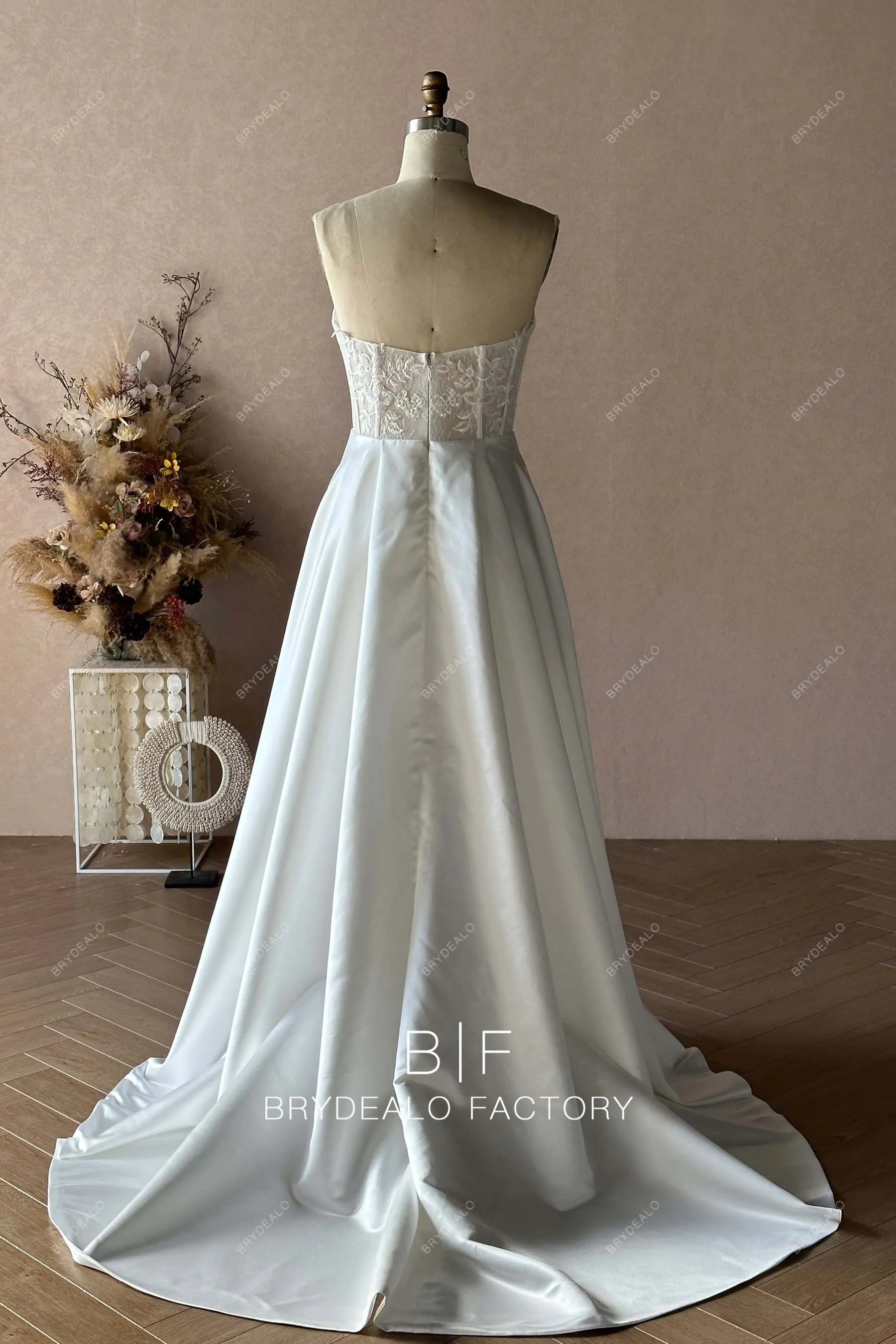 Custom Wholesale Strapless Ruched Satin Slit Bridal Dress 2112120394
