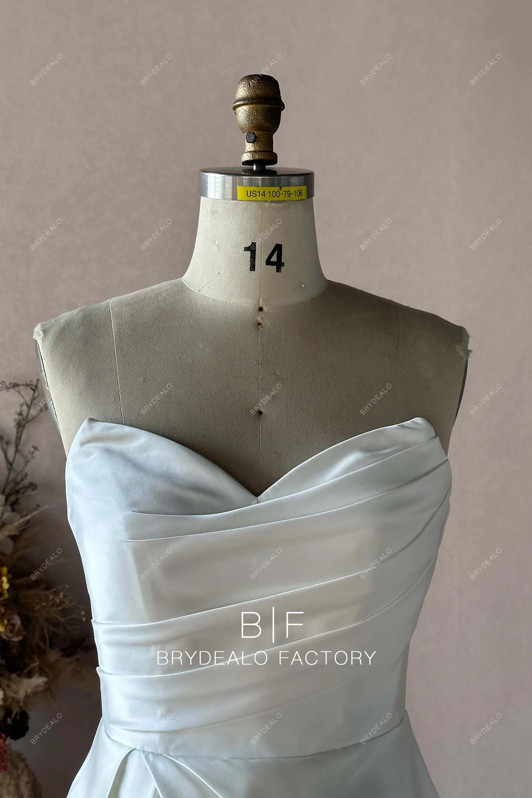 Custom Wholesale Strapless Ruched Satin Slit Bridal Dress 2112120394