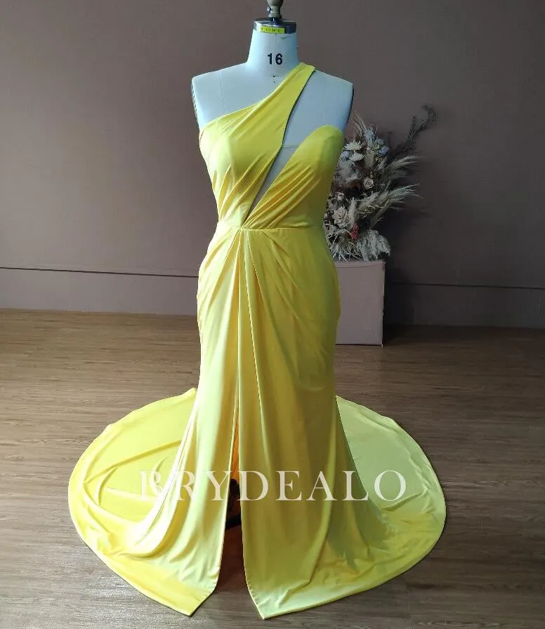 Custom Yellow Jersey Wholesale Asymmetrical Bridesmaid Dress 2106307253