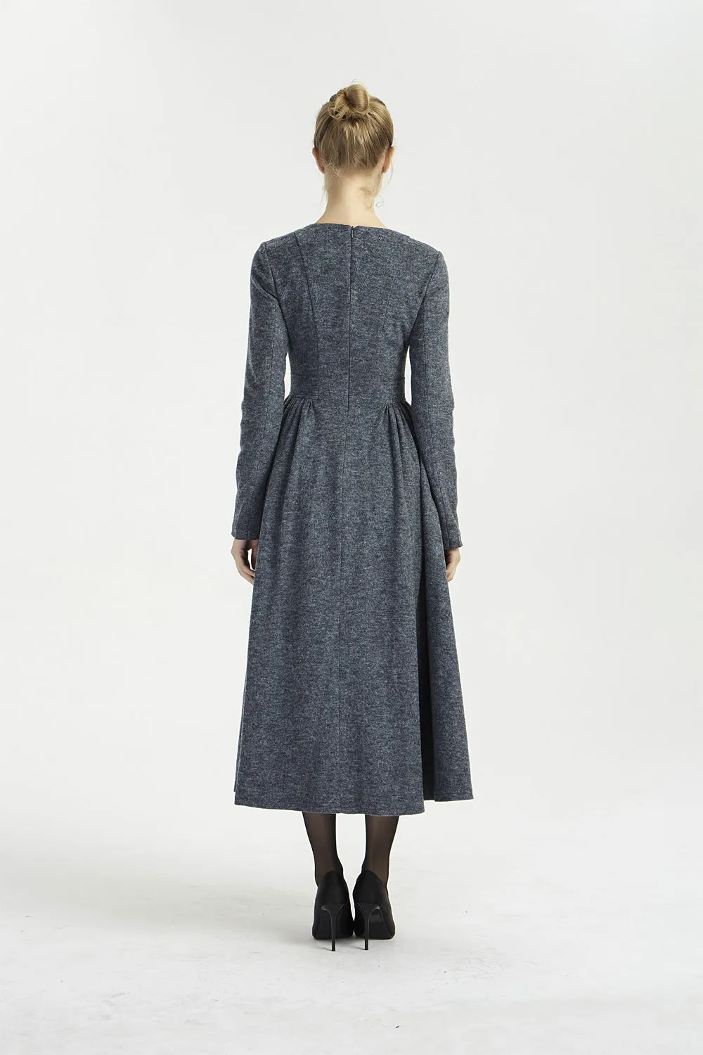 dark gray maxi fit and flare wool dress 2002