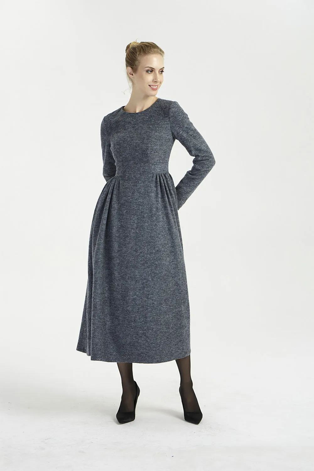 dark gray maxi fit and flare wool dress 2002
