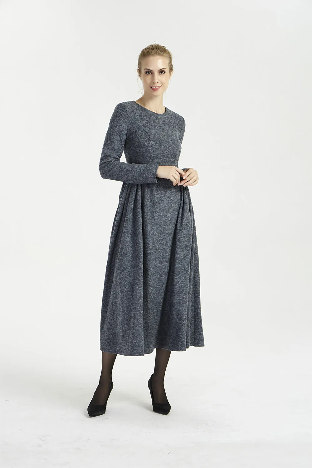 dark gray maxi fit and flare wool dress 2002