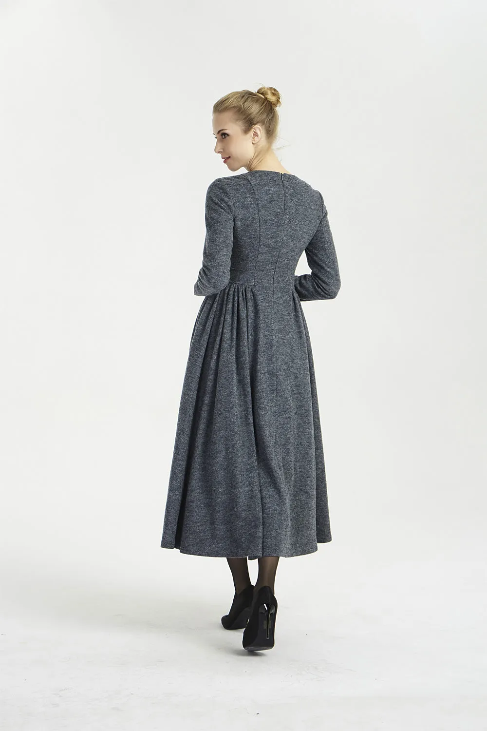 dark gray maxi fit and flare wool dress 2002