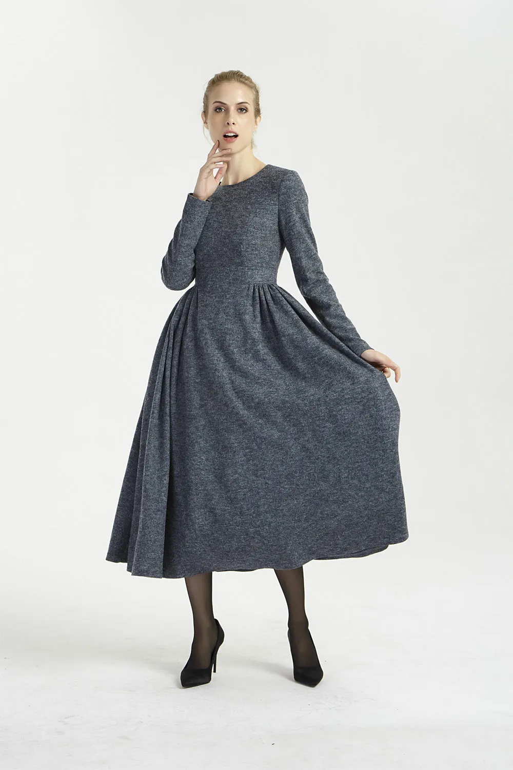 dark gray maxi fit and flare wool dress 2002