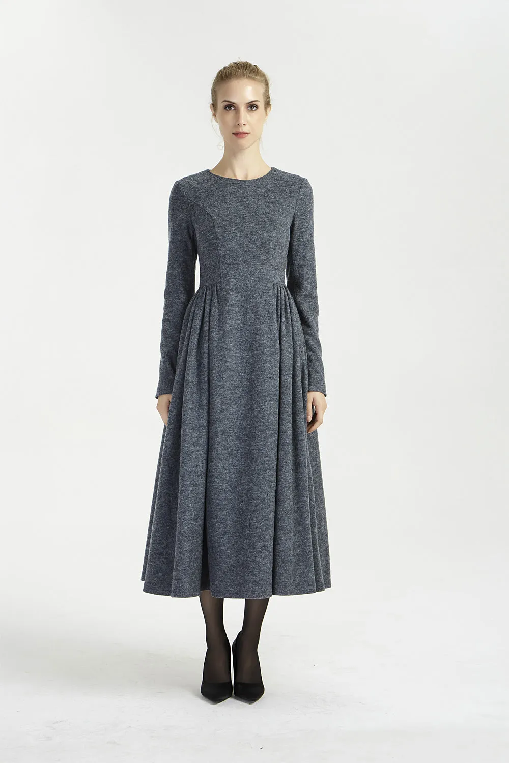 dark gray maxi fit and flare wool dress 2002