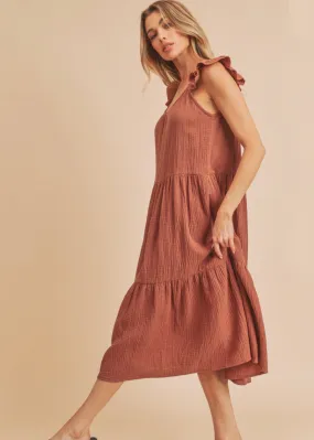 Day Lily, Women’s Flutter Sleeve, Gauze Jumper, Midi Dress, Terracotta