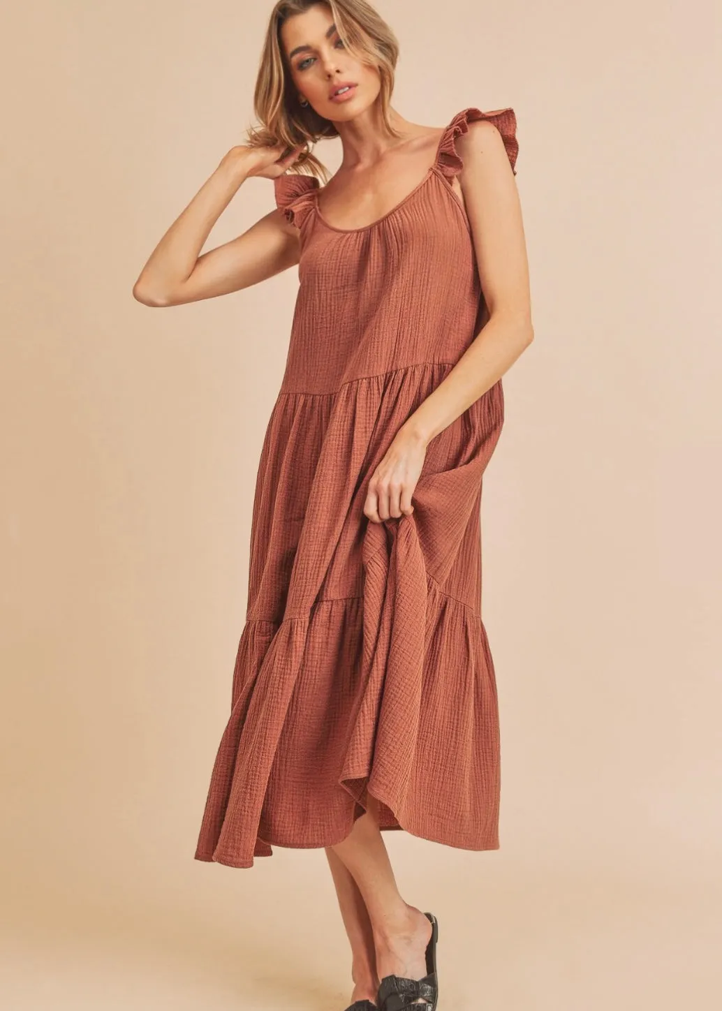 Day Lily, Women’s Flutter Sleeve, Gauze Jumper, Midi Dress, Terracotta