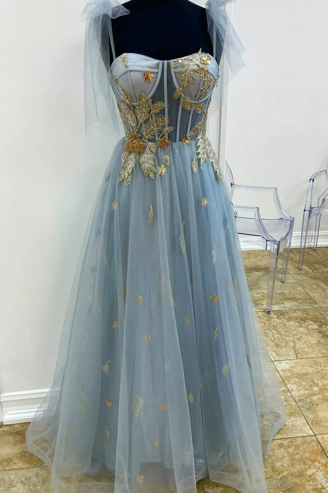 Dusty Blue Tulle Long Prom Dress