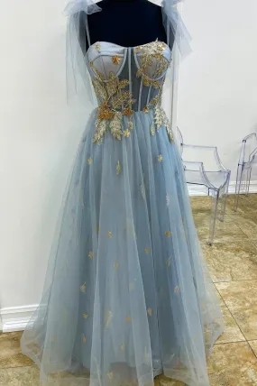 Dusty Blue Tulle Long Prom Dress