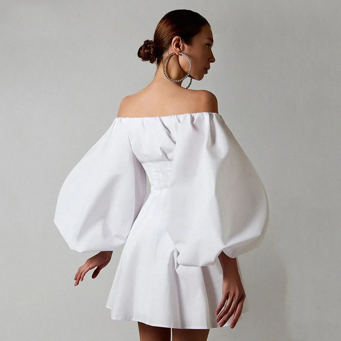 Elegant Flare Balloon Long Sleeves Button Down Chic Dress