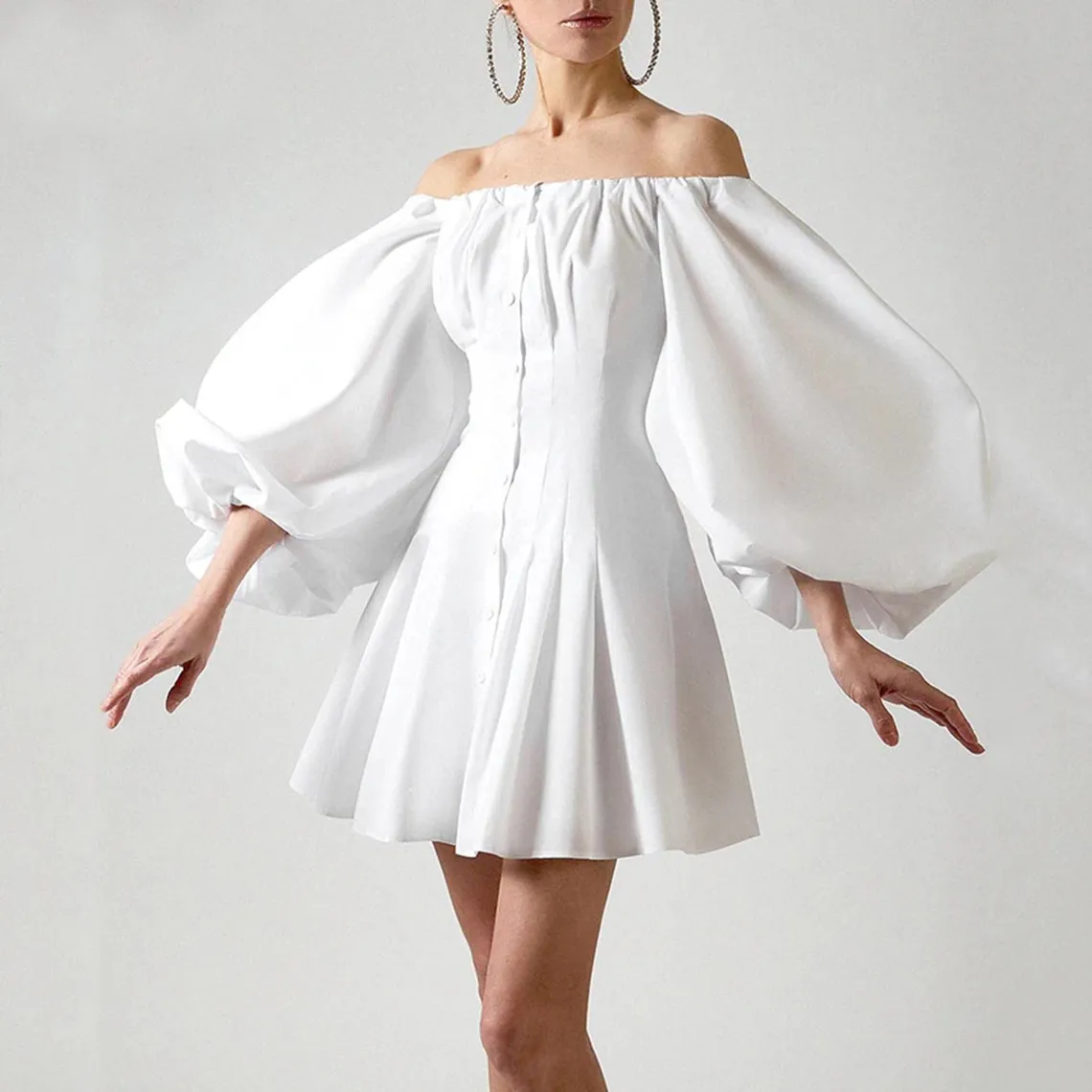 Elegant Flare Balloon Long Sleeves Button Down Chic Dress